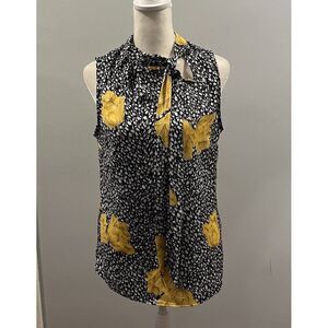 Modcloth Black Yellow Floral‎ Sleeveless Casual Blouse Top Bow Sz S